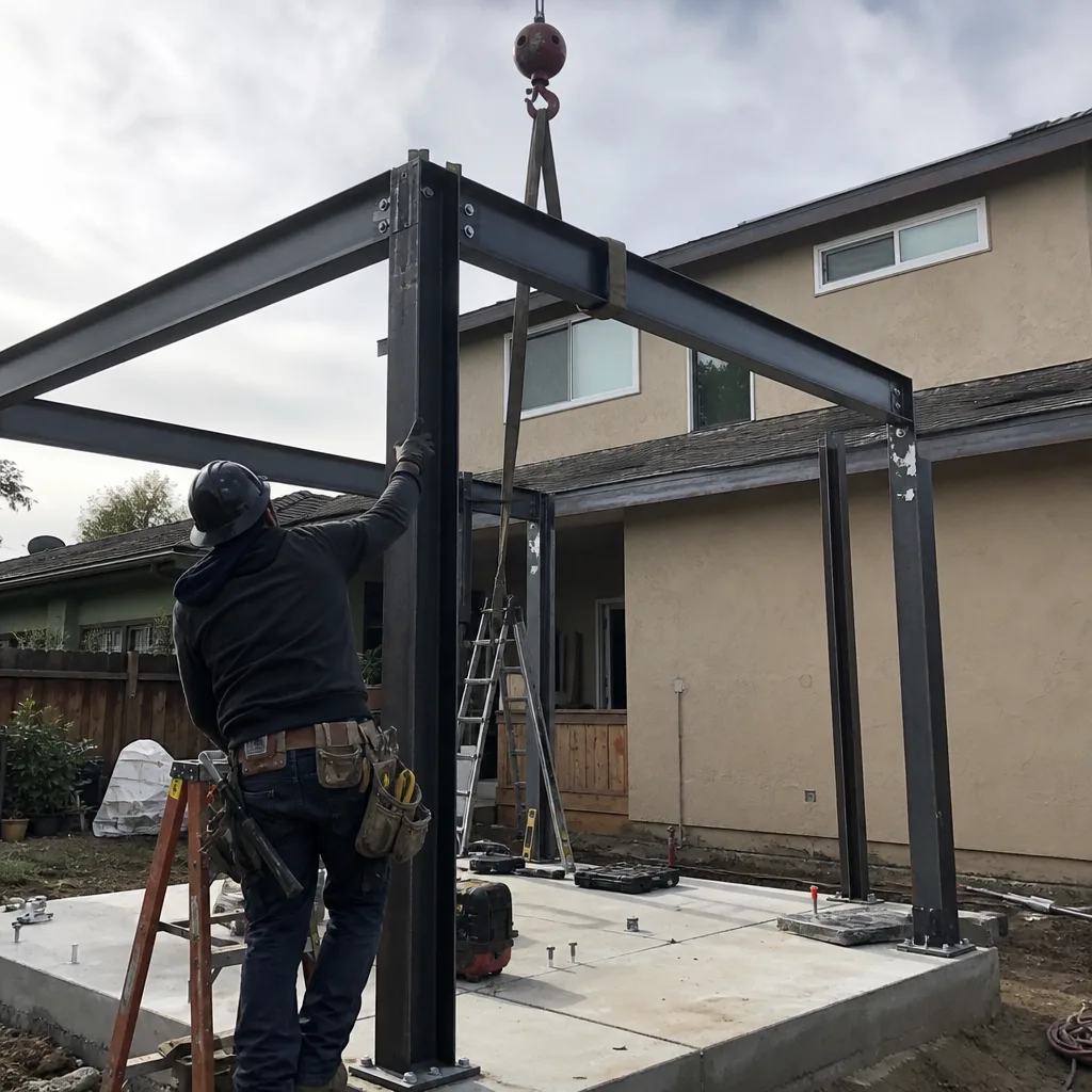 A construction worker installs steel framing for an Accessory Dwelling Unit.
