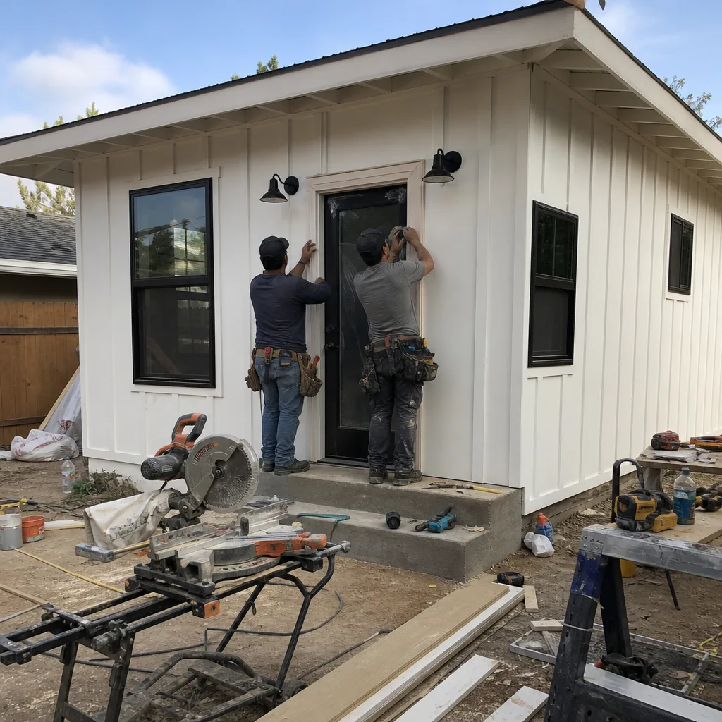 Two construction workers installing trim on a modern white ADU exterior.