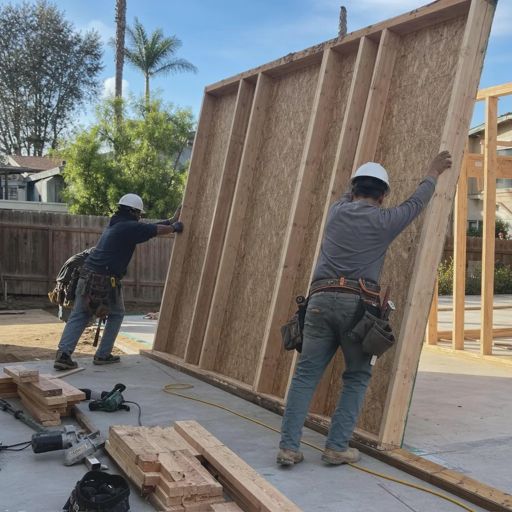 Two construction workers installing a pre-built wall panel for an ADU.
