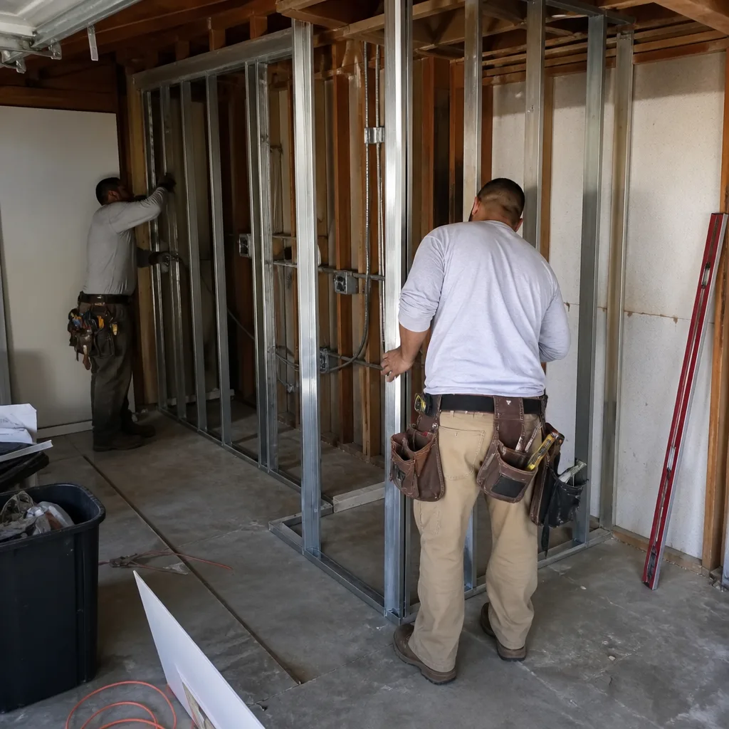 Two construction workers installing metal wall studs for a garage conversion.