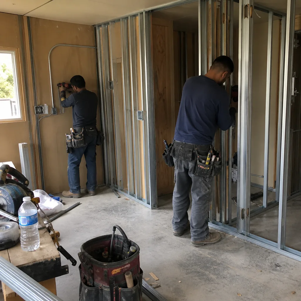 Contractors performing garage conversion framing and electrical installation