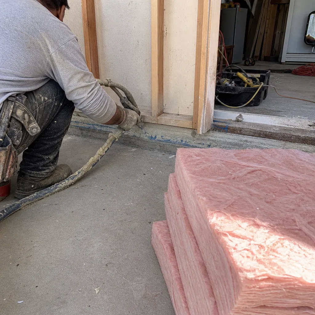 Contractor applying spray foam insulation during a garage conversion project