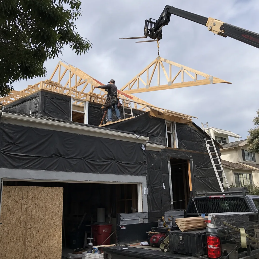 Contractor installing roof trusses on a residential home addition project