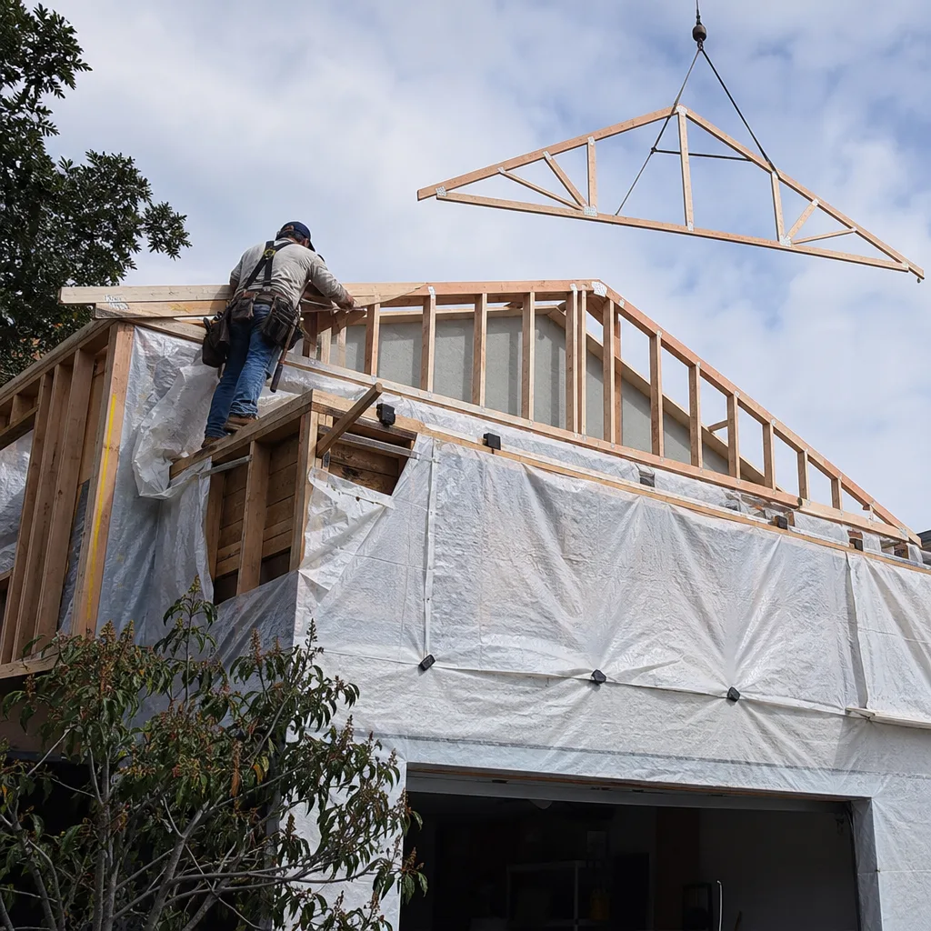 Contractor installing roof trusses for a residential home addition project.