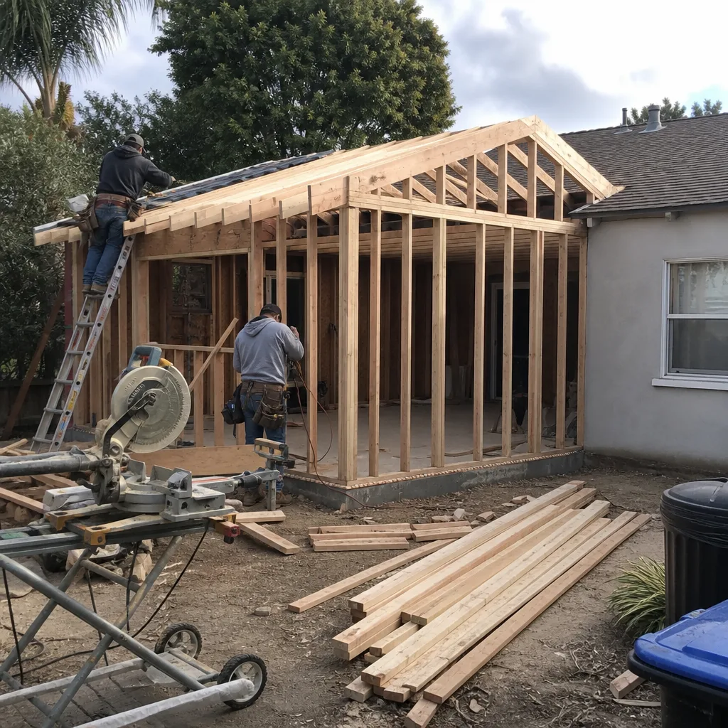 Contractors building a wooden home addition frame in a backyard