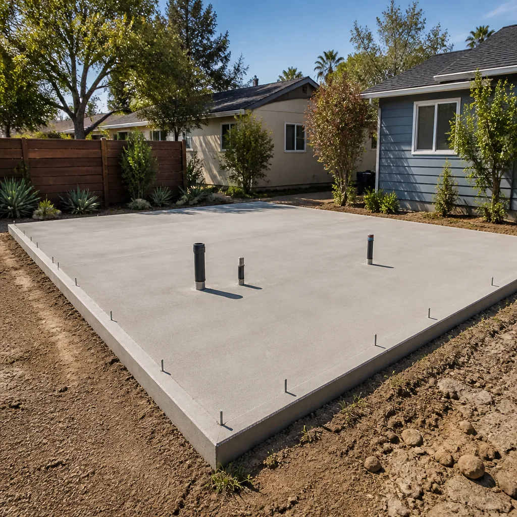 A fresh concrete slab for a backyard ADU