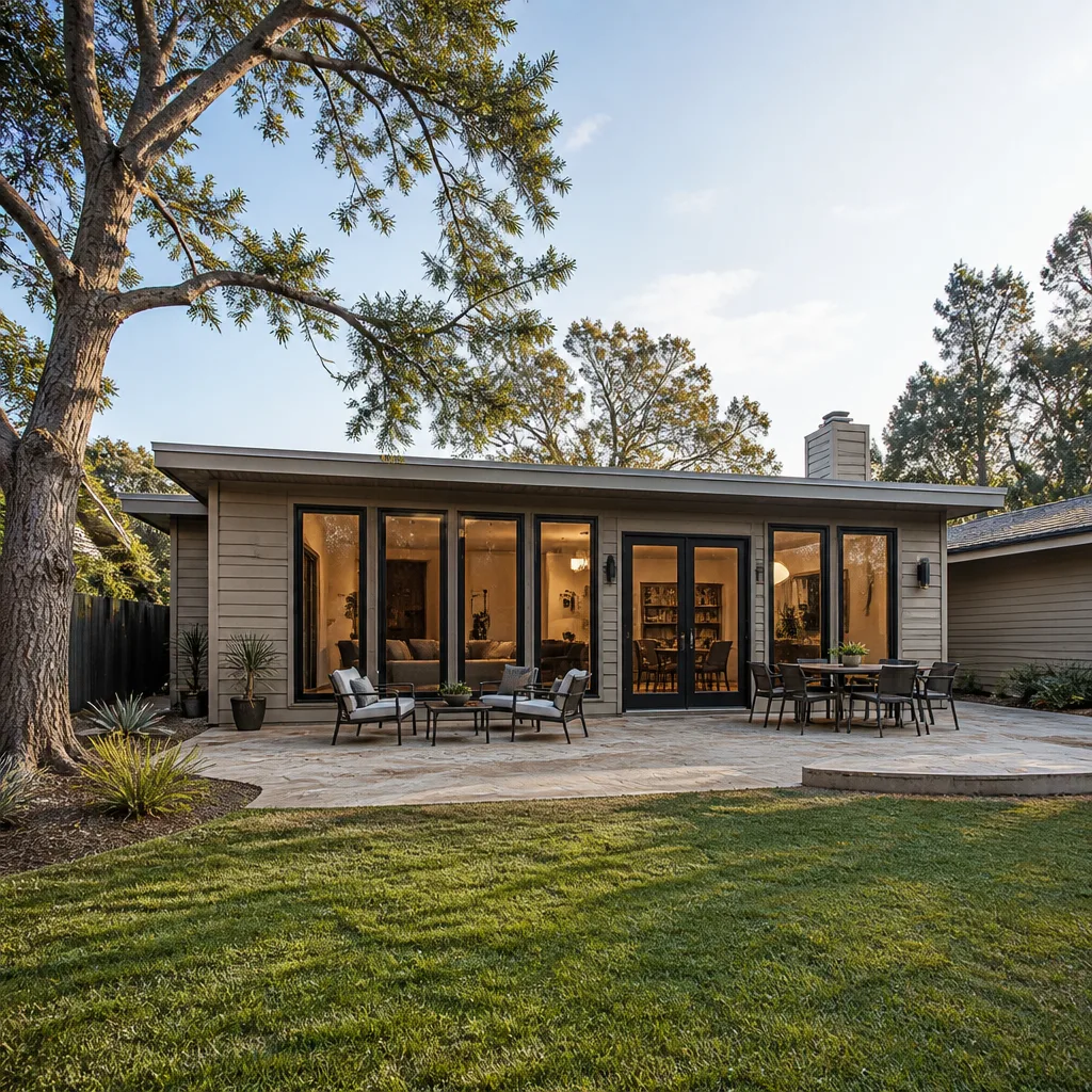 A single-story rear room addition with tall windows and a new patio