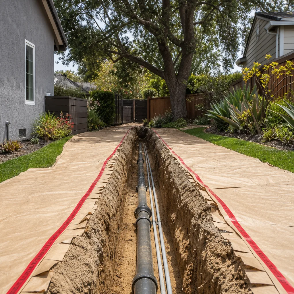 A utility trench with new sewer pipe and conduit
